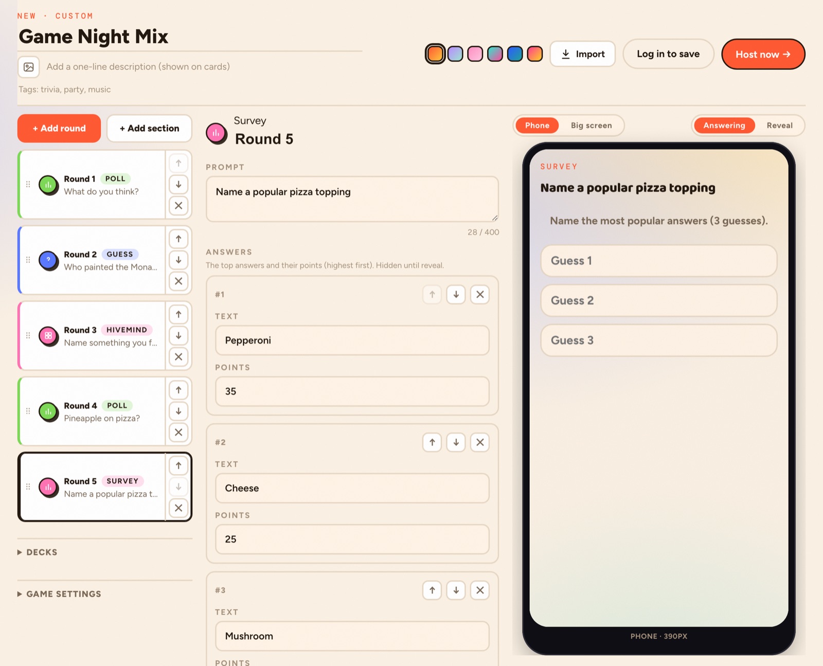 The Doot builder editing a custom game: a rounds rail with poll, guess, hivemind, and survey rounds, the survey round open for editing, and a live phone preview beside it.